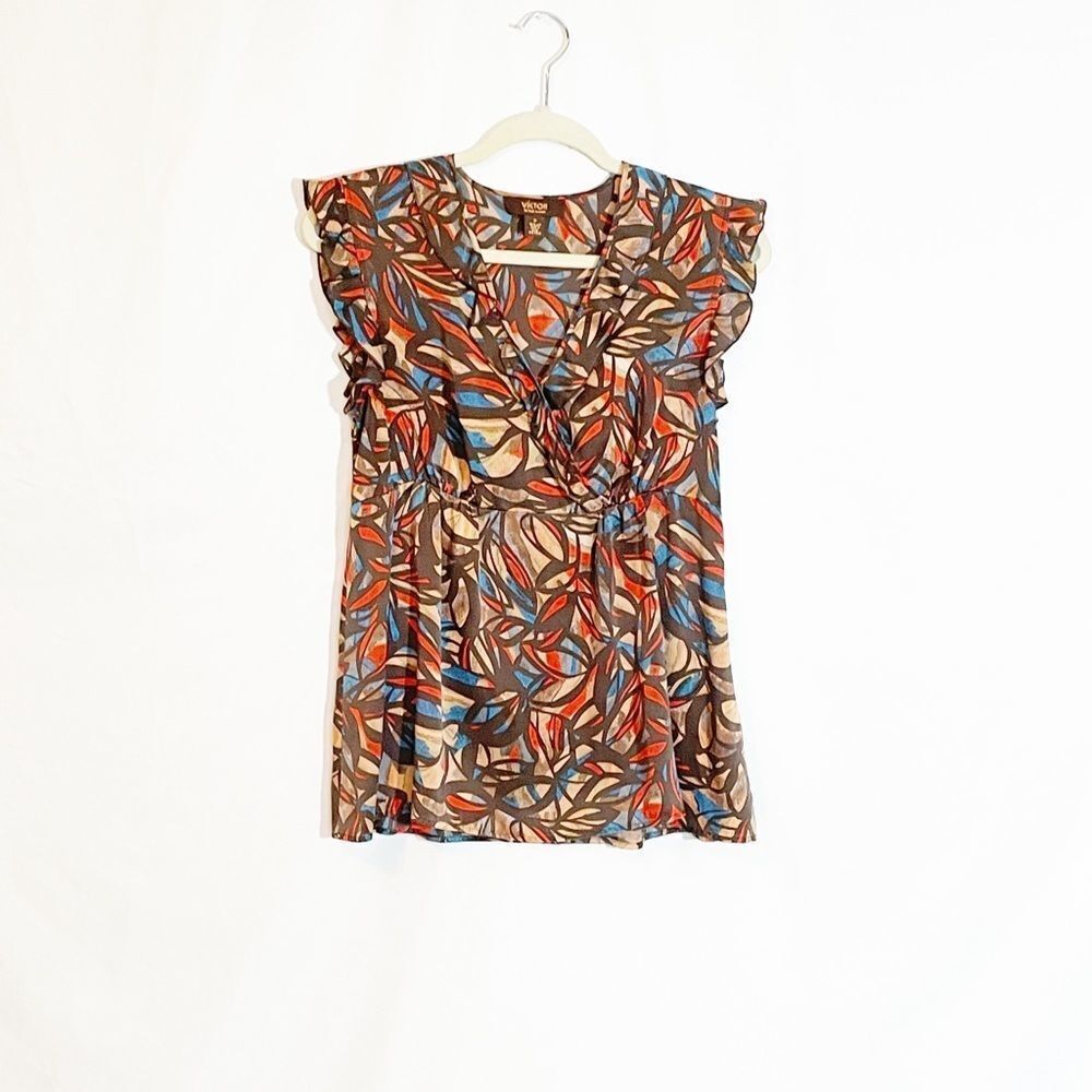 🟢Victor Alfaro 100% Silk Abstract Ruffle Accent Top 8 - Picture 2 of 9